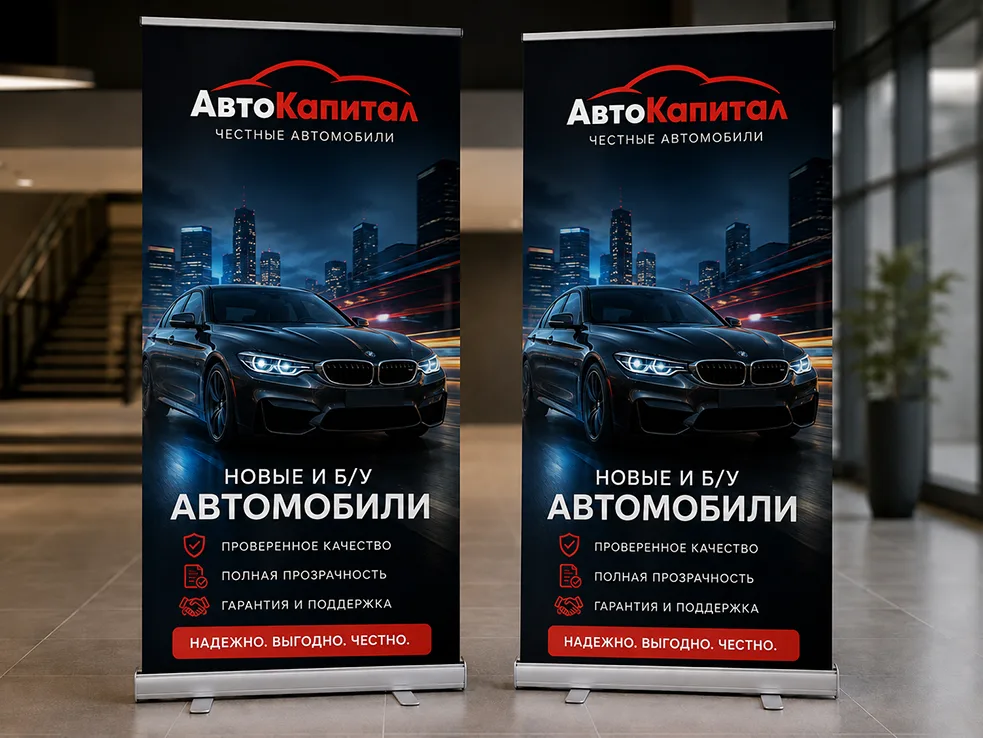 Два рекламных роллап-стенда компании «АвтоКапитал» с тёмным оформлением и изображениями автомобилей